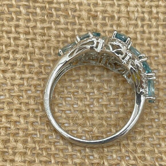 Blue Zircon & White Topaz Flower Ring Sterling Silver Sz 9   7.01ct - Picture 4 of 10